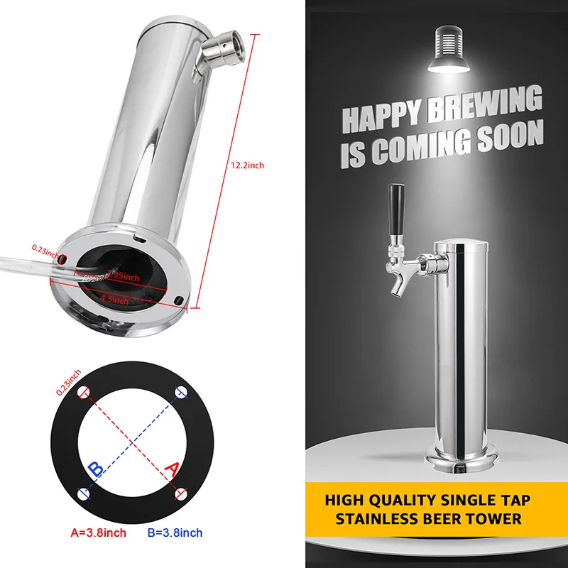 Single Tap Beer Tower, Draft Beer Kegerator Tower Dispenser, Homebrew 3\'\' Diameter Polished Beer Column with Tubing Wrench Tools