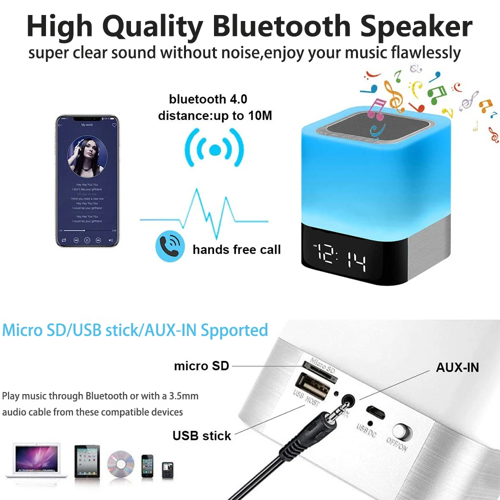 Wireless Bluetooth Speaker Lamp With LED Touch Night Light,Clock,MP3,RGB Multi-Color Changing Night Lights, All in 1