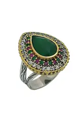 Silver Drop Design Emerald Green Cubic Zirconia Hurrem Sultan Authentic Adjustable Womens Ring Model