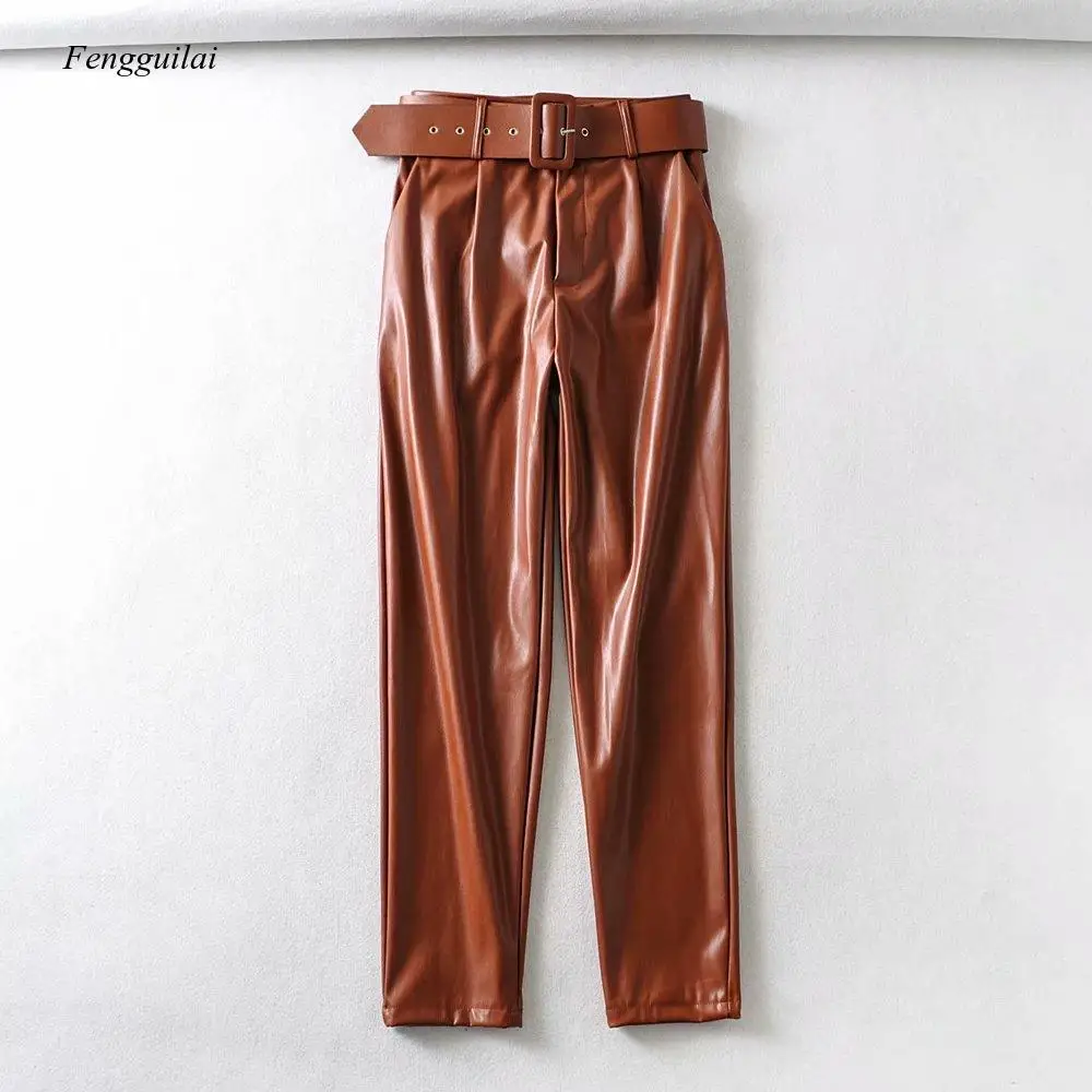 Women's New High Waisted Plush Leather Pants for Women In Spring and Autumn with Belt