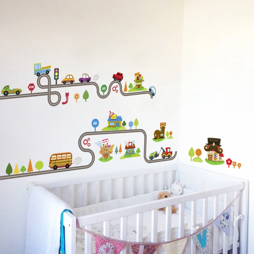 Cartoon car road track creative wall sticker for kids rooms nursery children's room decor on the wall car murals Child gift