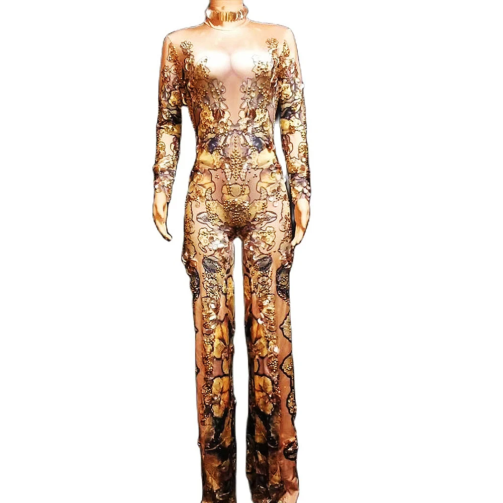 Gold Sparkling Women Rhinestones Sequins Jumpsuit Floral Pattern Printing Rompers Performance Drag Queen Costume Party Wear