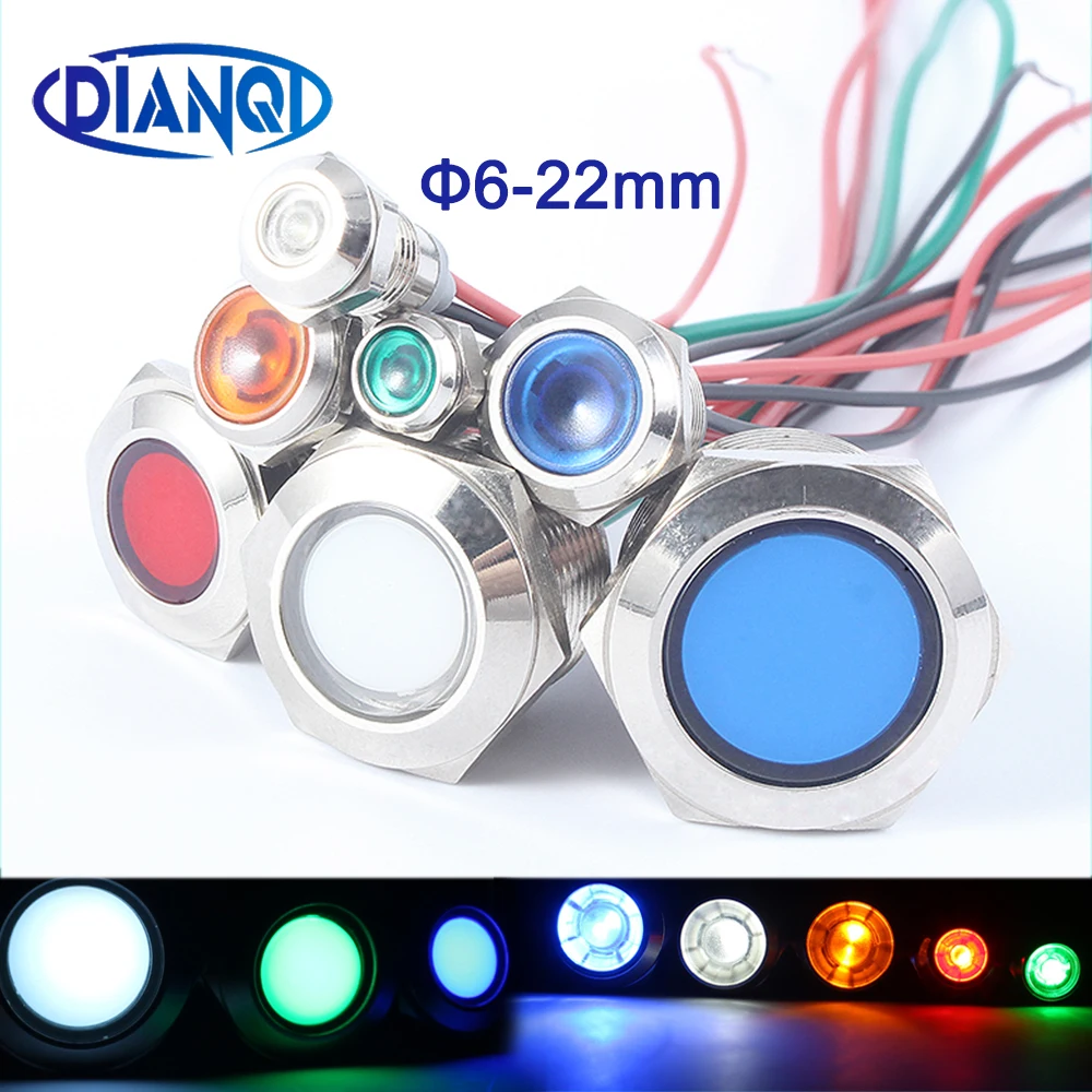 6mm 8mm 10mm 12mm 16mm 19mm 22mm Waterproof Metal LED Warning Indicator Light Signal Lamp Pilot Wire 3V 12-24V 110-220V Concave