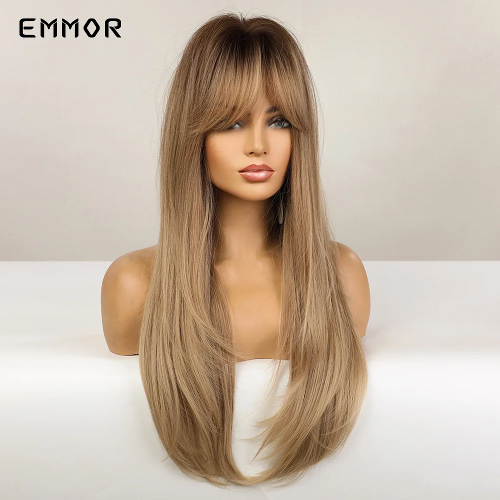 Emmor Synthetic Hair Wigs with Bangs Long Straight Wigs for Women Heat Resistant Ombre Black Brown Golden Blonde Cosplay Wigs