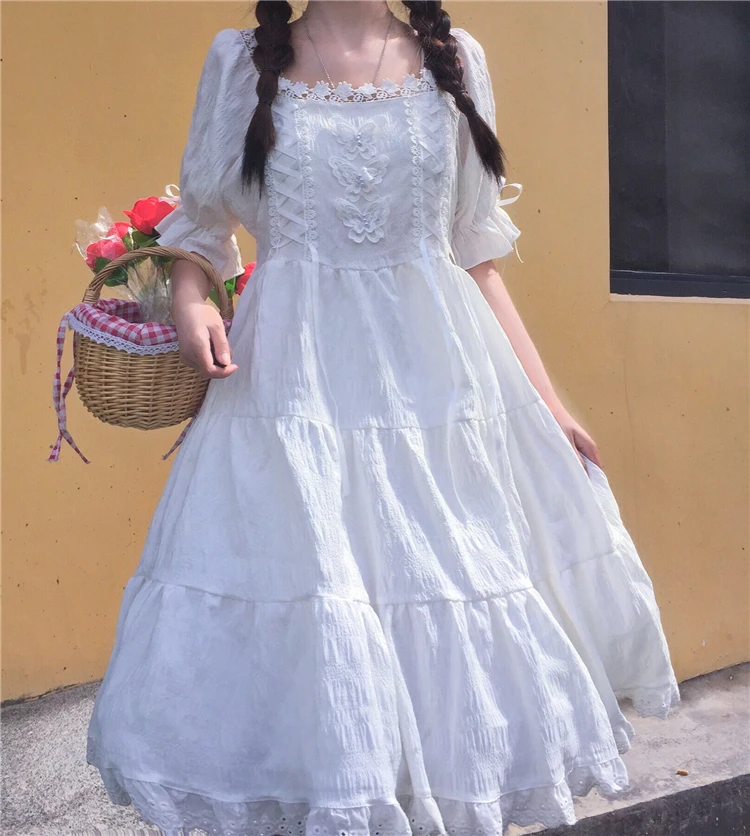 Lolita lolita täglichen fee weiß blase hülse hohe taille elegante kleid fee sommer prinzessin viktorianischen kleid kawaii mädchen cos