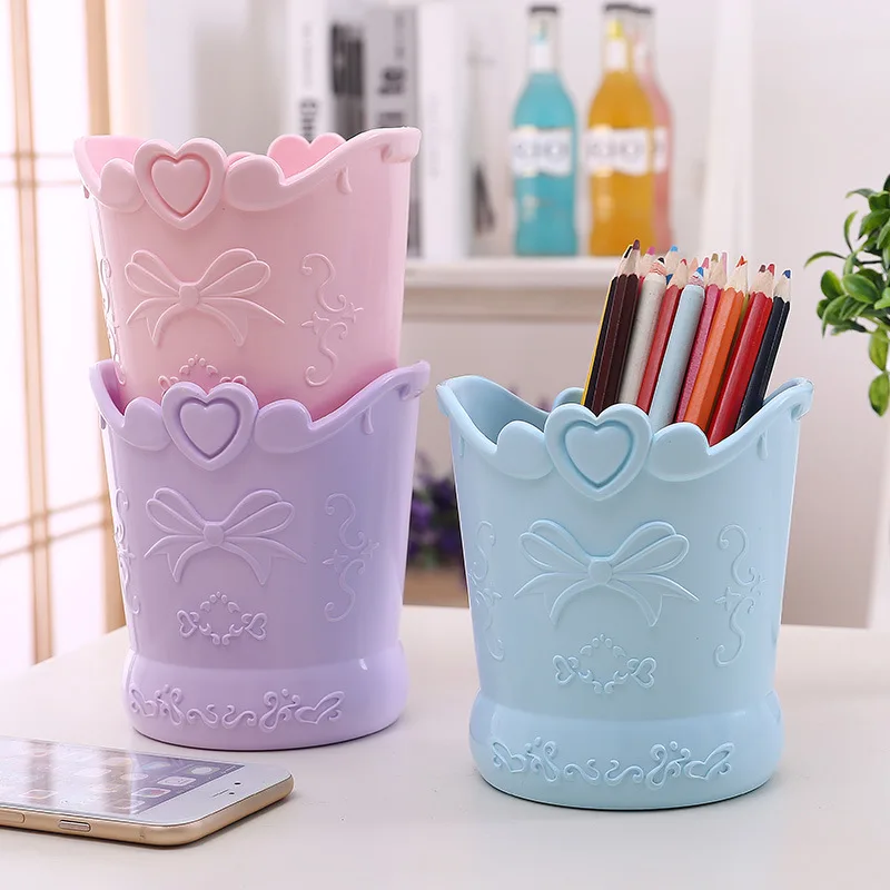 Imagem -02 - Bow Love Heart Shape Plastic Pen Holder Pink Barrel Girl Cute Bucket Organizador da Mesa Papelaria de Grande Capacidade