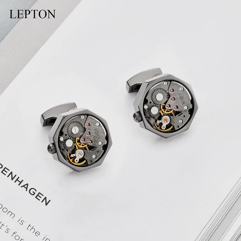 Lepton Non-Functional Watch Movement Cufflinks For Mens Black Color Vintage Steampunk Perfect Wedding Groom Anniversary Gifts