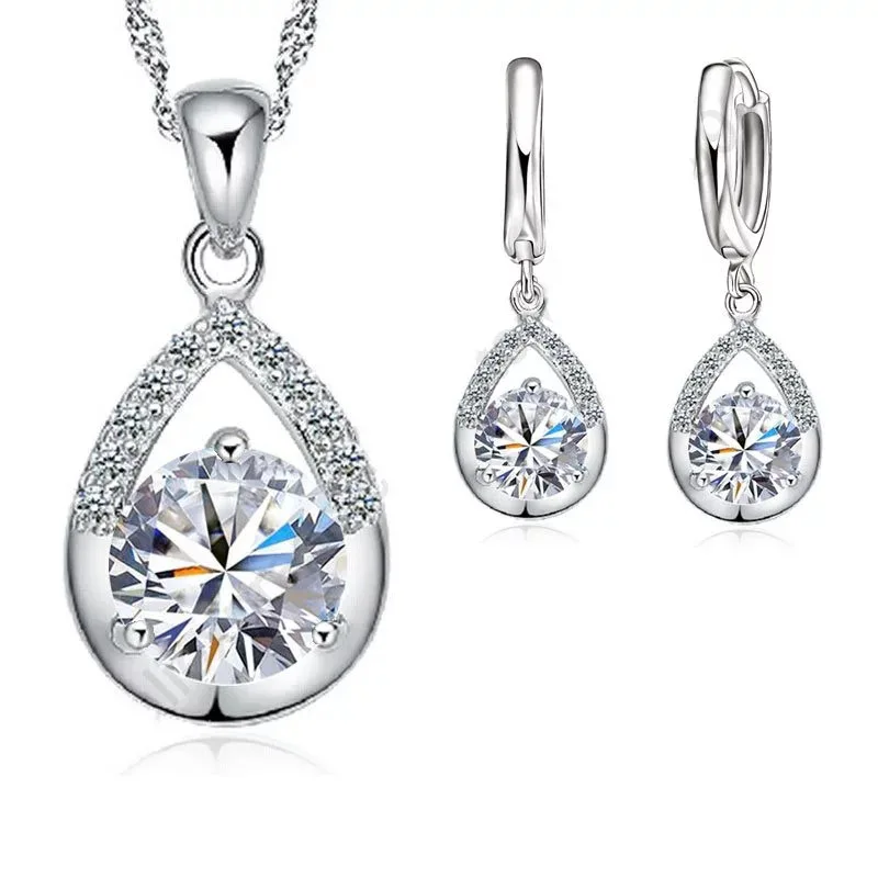 Elegant Fashion Jewelry Sets Pure 925 Silver  White Gold Top Quality Earrings Necklace Set For Women Wedding Dress SET