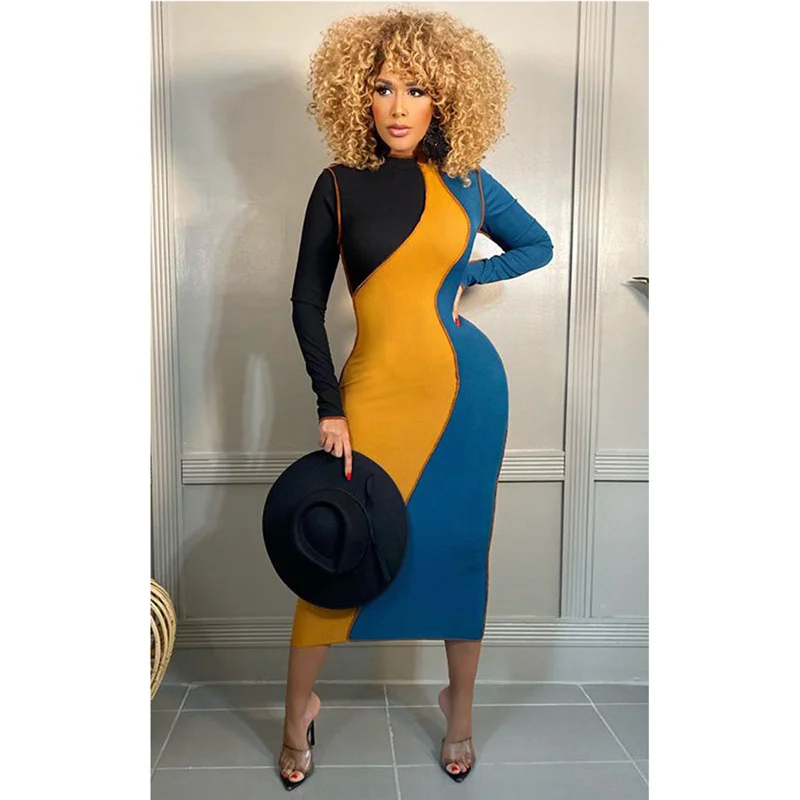 Sexy Patchwork Bodycon Midi Dress Women Clothing Elegant Slim Club Dresses Office Lady Pary Dress Vestidos Elegantes Para Mujer