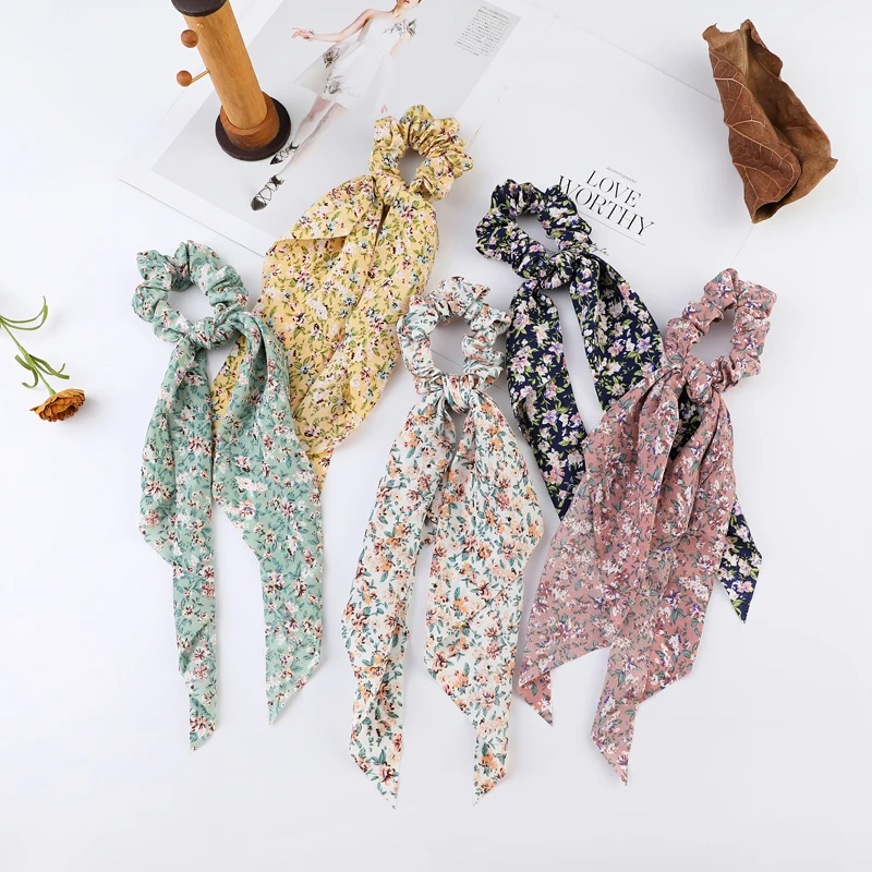 Fashion Elastic Hair Bands Hair Accessories Print Bow Ribbon Ponytail Scarf Headband Hair Tie Scrunchies For Woman 2022 New