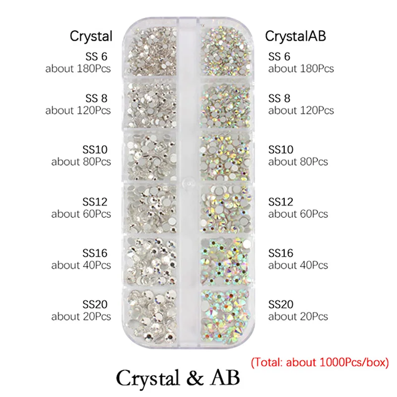 2 color 12 Grid/box set of AB crystal flat back nail rhinestone diamond gem 3D glitter nail art decoration