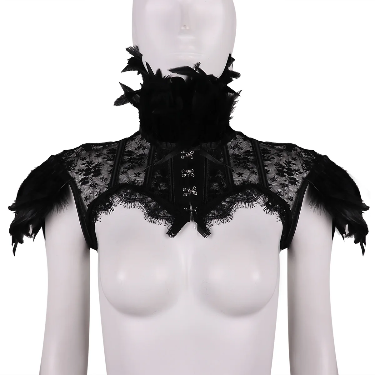 Women Retro Punk Gothic Feather Collar Shoulder Lace Cape Bolero Jacket Shrug Tops Halloween Party Goth Rave Costume Accessories