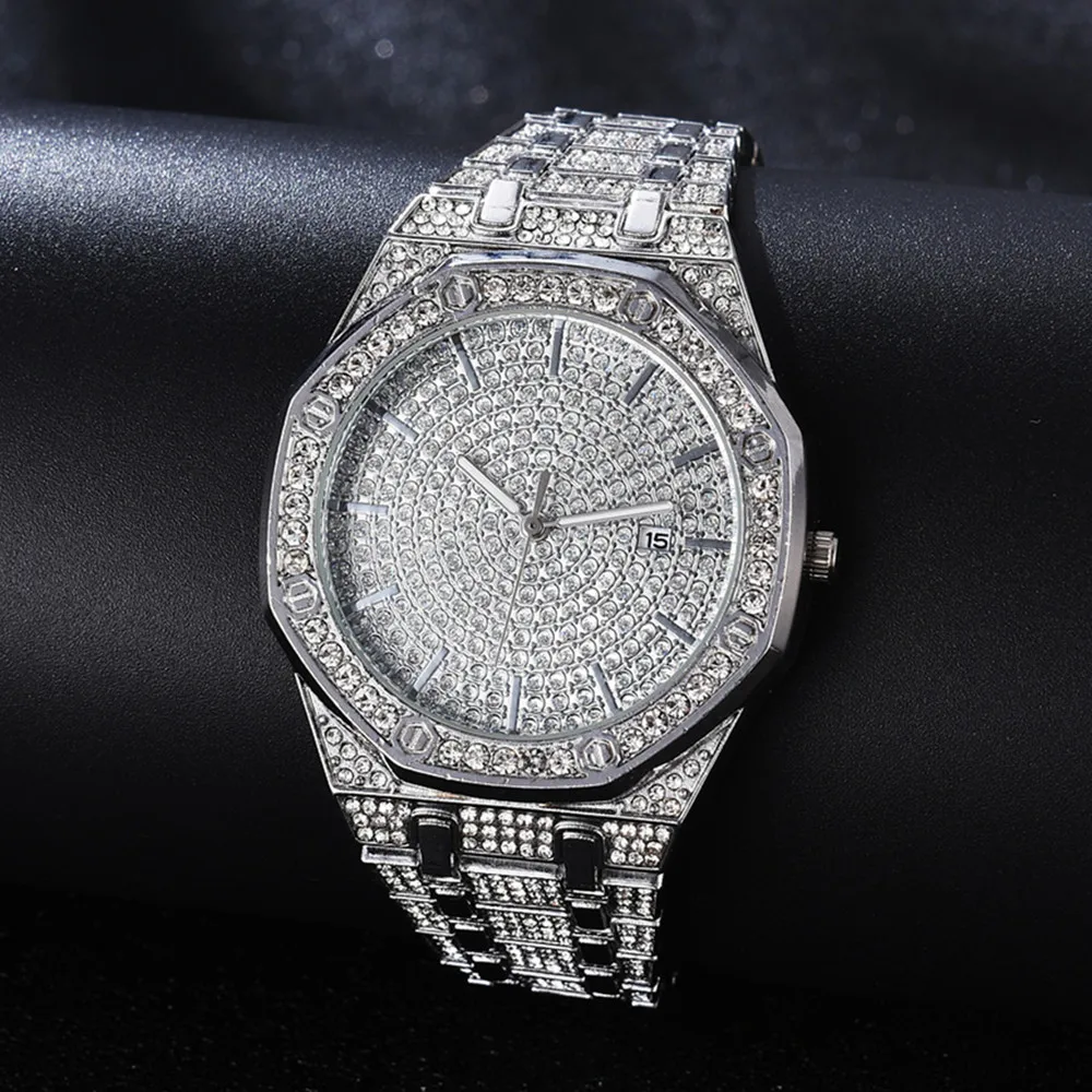 Iced Out Watch for Men Gold Watch Quartz Calendar Cool Watch Bling Bling Crystal Diamond Luxury Mens Watch Dropshipping Relogio