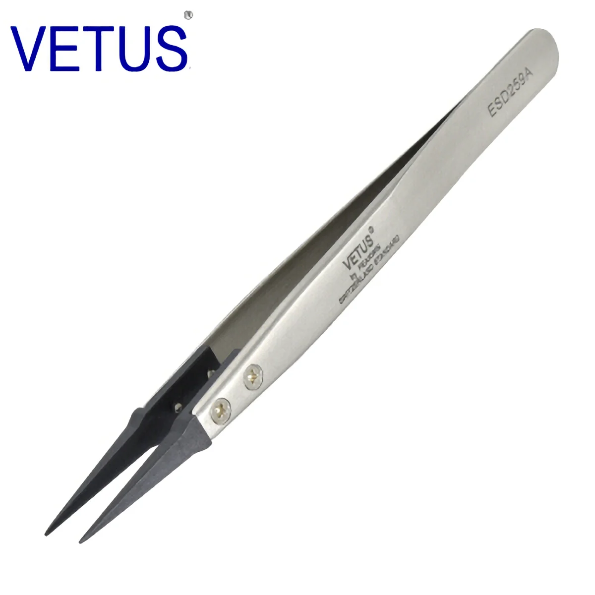 VETUS ESD-259A Pęseta antystatyczna z wymienną głowicą Korpus ze stali nierdzewnej Antystatyczna głowica z włókna węglowego z przewodzącego tworzywa sztucznego