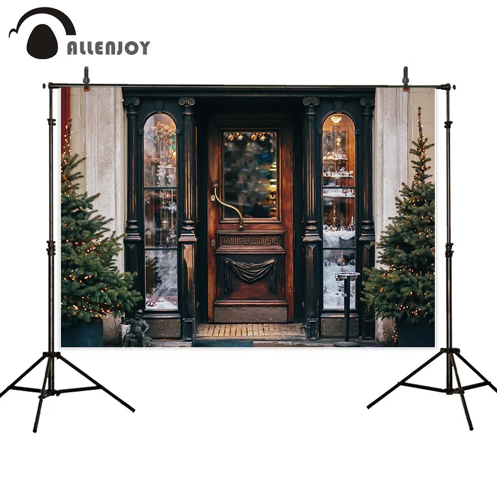 Allenjoy-fondos fotográficos de árboles de Navidad, decoración de puerta de madera de invierno, tienda de regalo, photocall