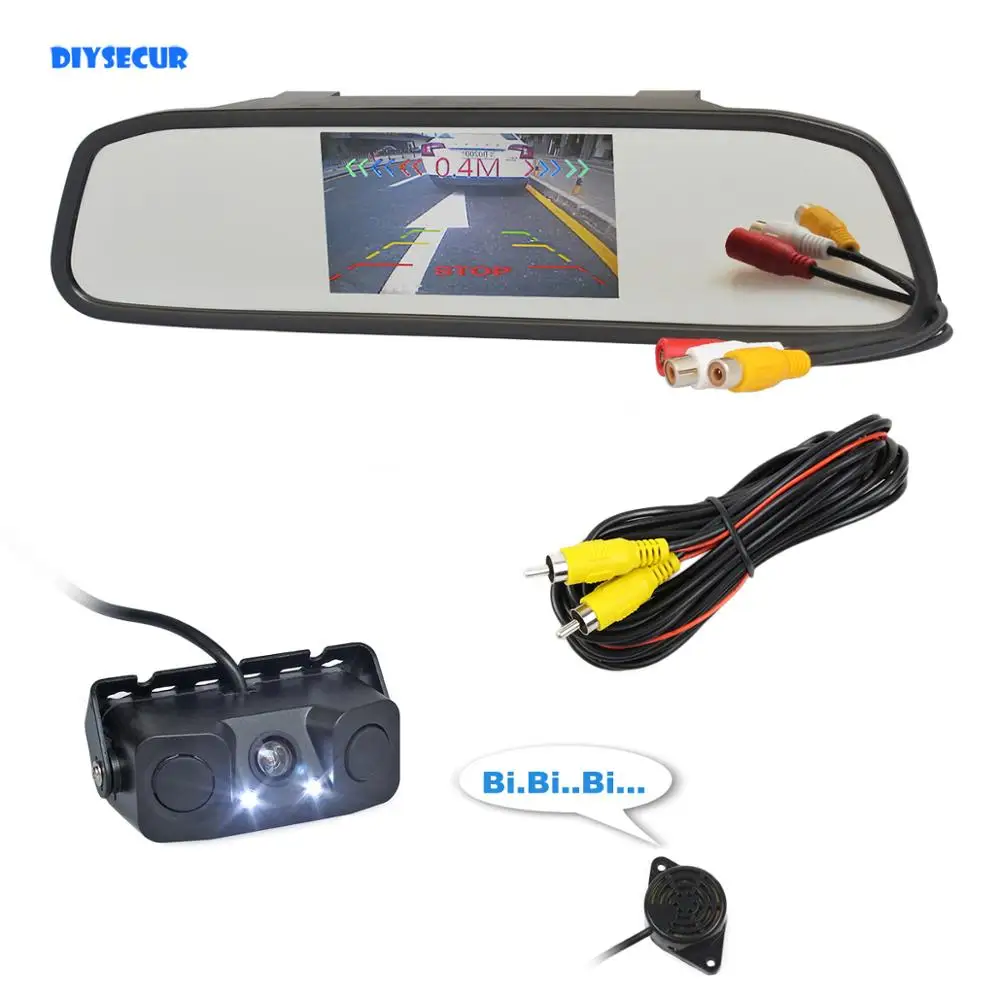 

DIYSECUR Auto Speaker Parking Monitor System 4.3" Car Mirror Monitor Parking Radar Sensor LED Night Vision Car Camera