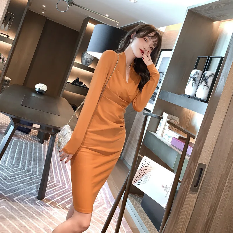 Plus Size Sheer Office Work Dress for Woman 2022 Spring Summer Long Sleeve Wrap Ruched Dress Ladies Yellow Tallas Grandes Mujer