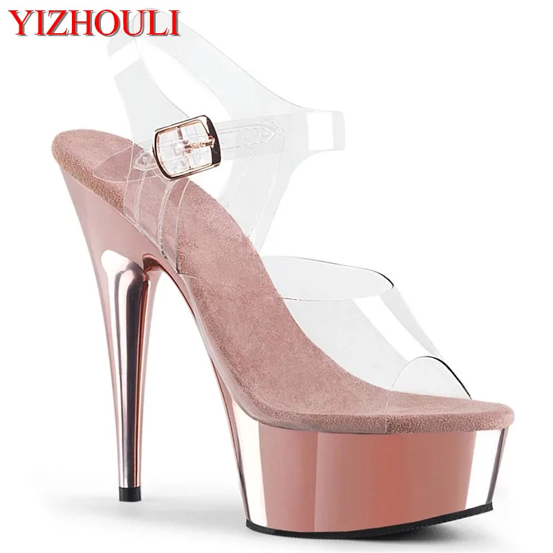 

6 inch nightclub heels, stylish 15 cm rose gold plated stiletto heels, model pole dancing sandals