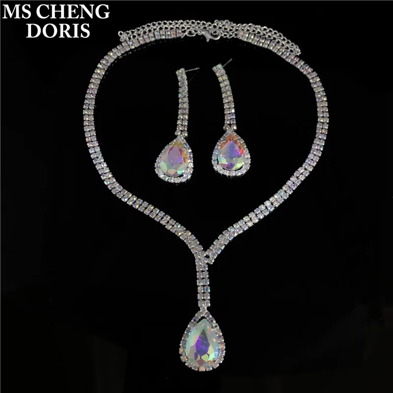 AB Color Jewelry Sets Water Drop Earrings Jewelry Set Rhinestones For Women Pendant Necklace/Earrings Wholesale