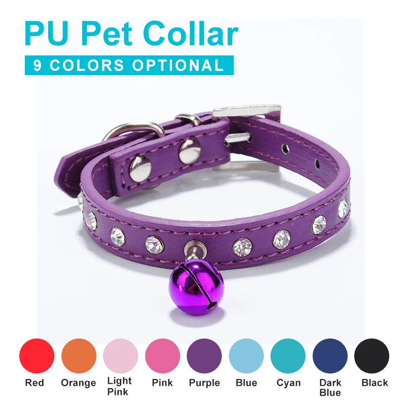 Pu Leather Dog Collar Diamond Shining Crystal Rhinestone Adjustable Pet Collars For Small Dog With Bell Cat Necktie Pet Supplies