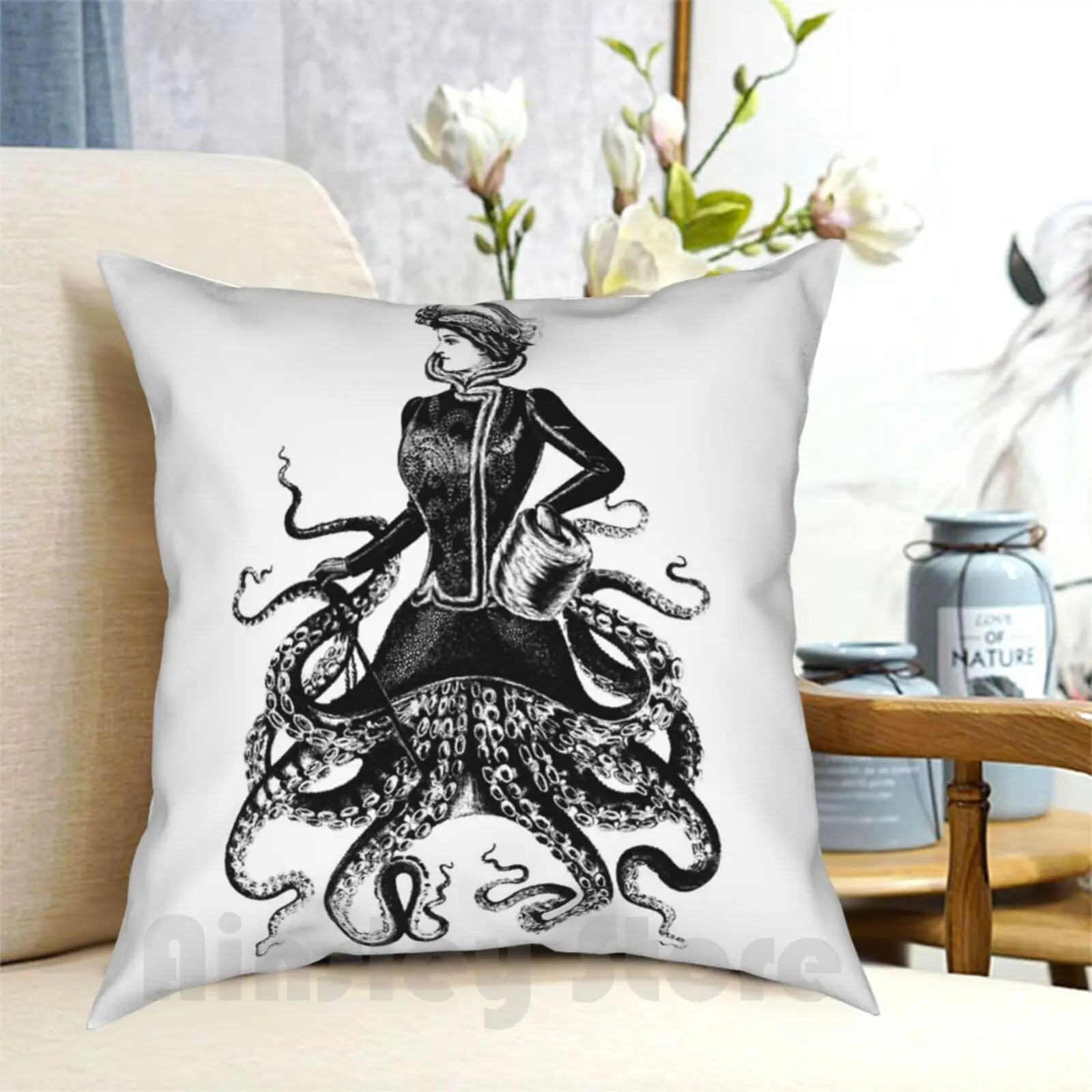 Lady Squid Pillow Case Printed Home Soft Throw Pillow Vintage Sea Creature Tentacle Octopus Retro Cool Cult Movie Goth