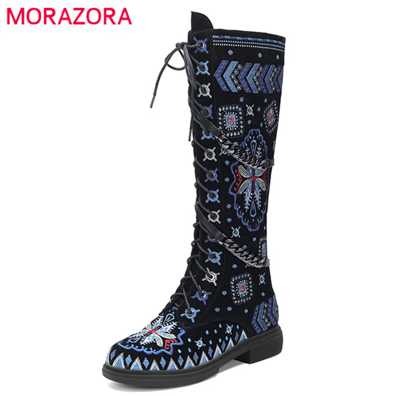 

MORAZORA 2022 Knee High Boots Women Shoes National Style Fashion Cool Riding Boots Embroidery Low Heels Winter Shoes Ladies