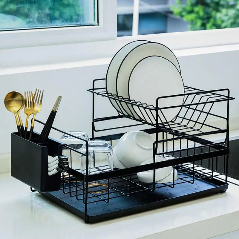 Double Layer Dish Rack with Drainboard Drainer Drying Kitchen Light Duty Countertop Utensil Organizer Storage for Home