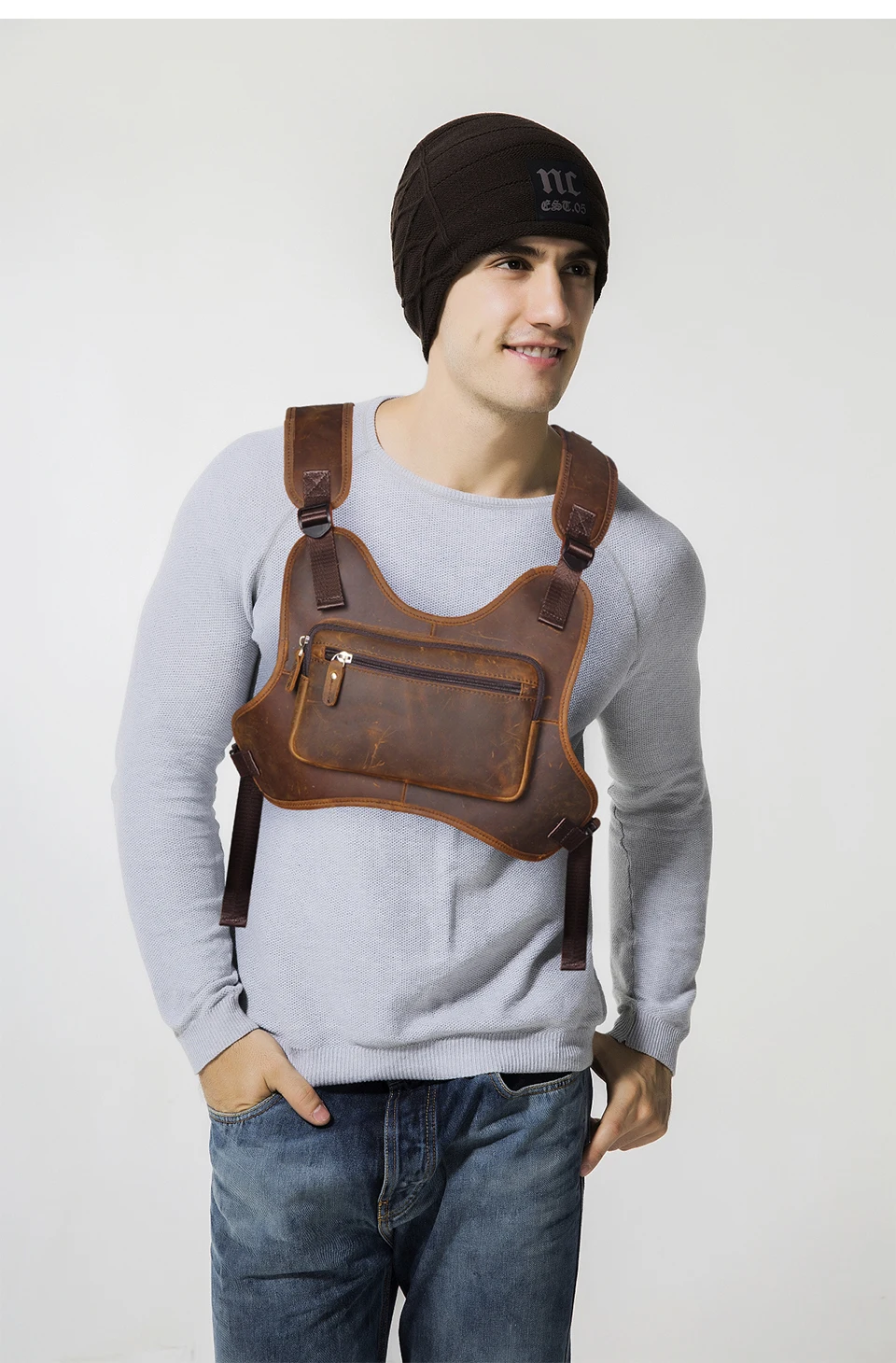 Crazy Horse Leather Vintage Streetwear Men Hip-Hop Chest Bag Two Straps Chest Rig Bag Fashion Rectangle Chest Utility Pack 291