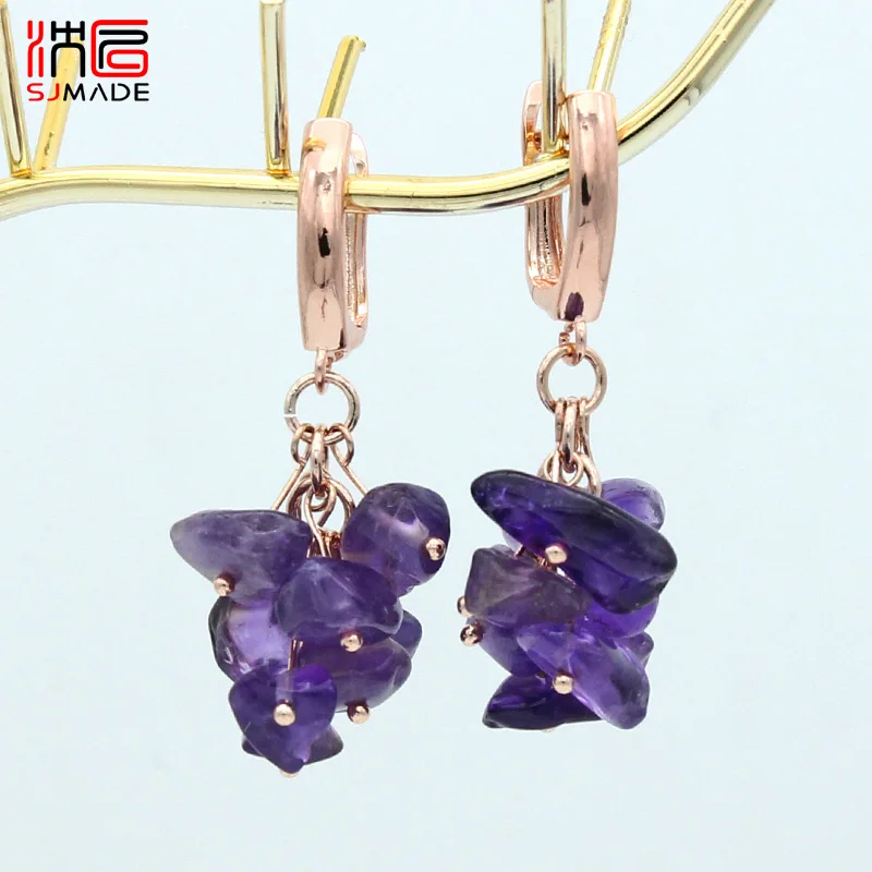 SHENJIANG New Handmade Irregular Cluster Natural Amethysts Garnet Dangle Earrings For Women Fashion Jewelry Gift