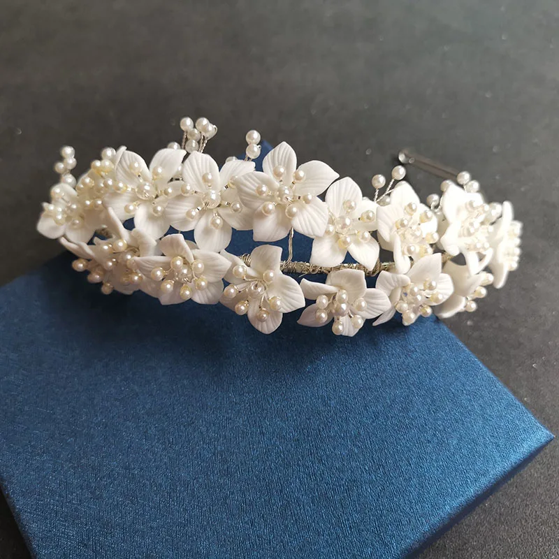 SLBRIDAL Handgemachte Kristall Strass Perlen Keramik Blume Braut Tiara Hochzeit Brautjungfern Party Krone Frauen Mädchen Haar Schmuck – Detail 19