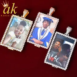Aokaishen Iced Out Custom Photo Necklace for Men Personalized Picture Medallion Pendant Rectangle Cubic Zircon Hip Hop Jewelry