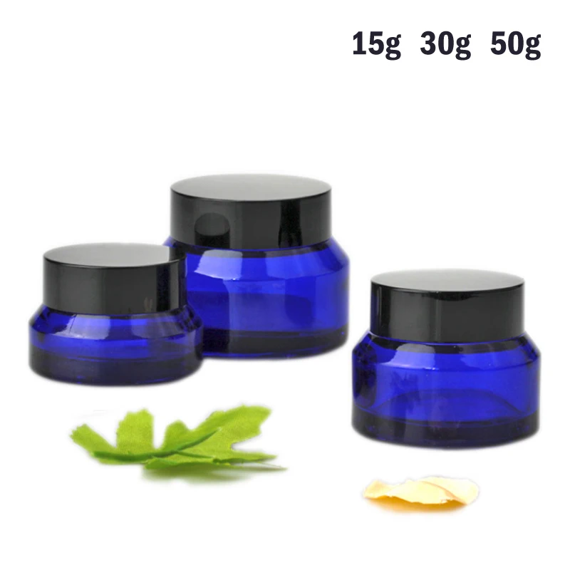 5PCS 15g/30g/50g Blue Glass Amber Cosmetic Facial Cream Bottles Lip Balm Sample Container Jar Store Vials Travel Makeup Pots