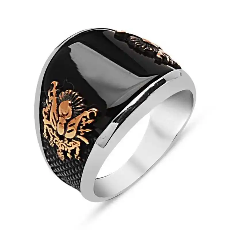 Silver Stone Ottoman Crest Men's Ring - 925 Sterling Men's Jewelry Wedding Birthday Gift - Box - Men - Fashion - Botiva - Size - Turkish - Patterned Embroidery