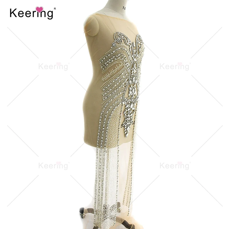 Keering Sexy Big Crystal Applique Rhinestone Bodice for Party Panel, Hand-Made, Popular, Silver WDP-030