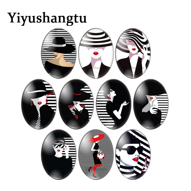 

Fashion women with hat Black and white color 13x18mm/18x25mm/30x40mm Oval photo glass cabochon flat back Making findings