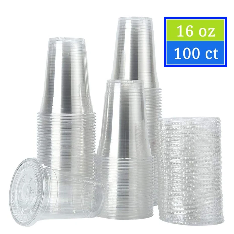 

100 Sets 450ml (16 oz) Clear Plastic Cups with Lids Disposable Party Drinks,Clear Crystal