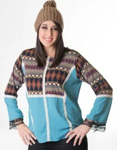 Women's long sleeve patchwork blouse. Woven blend, blue crep printed T-shirt knit, wave decoration