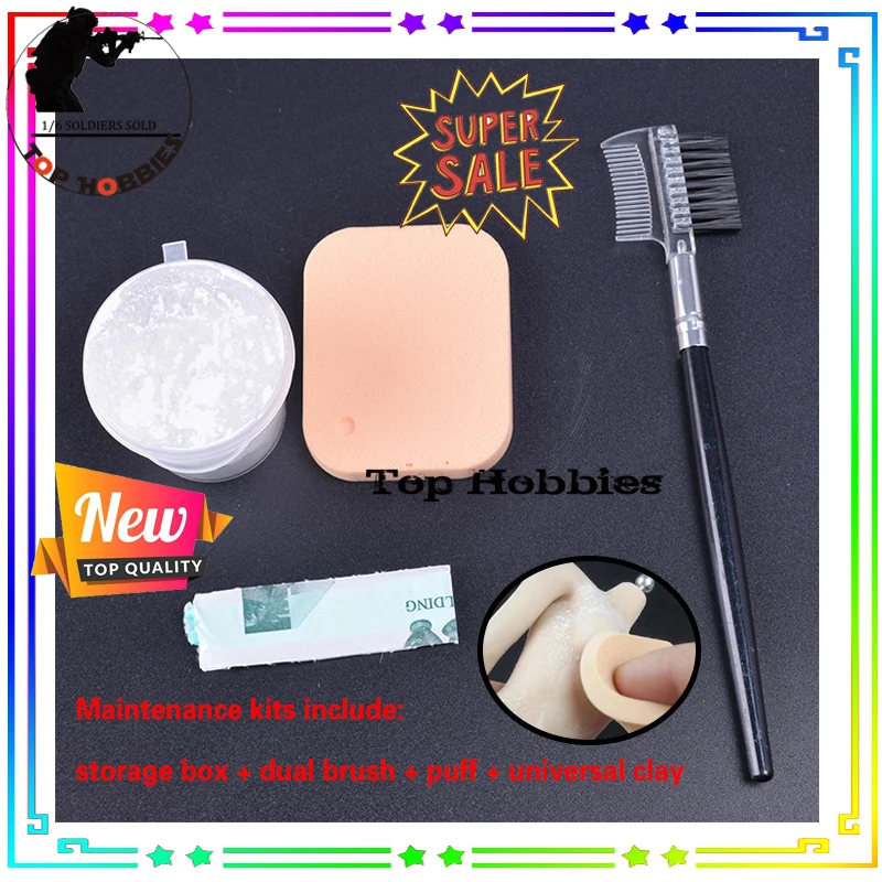 

1/6 Scale Dusting Flour Set Protection Care Maintenance Tools Dual Brush+Puff+Universal clay Fit 12" Male/Female action figure