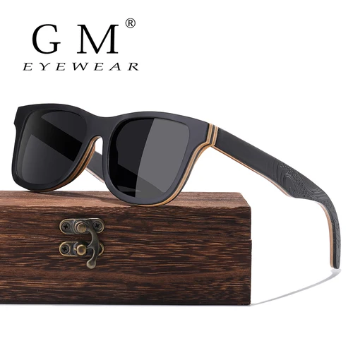GM gafas de sol de madera para monopatín de lujo, gafas de sol de madera con montura negra Vintage, gafas de sol polarizadas de madera de bambú para hombres y mujeres S5832
