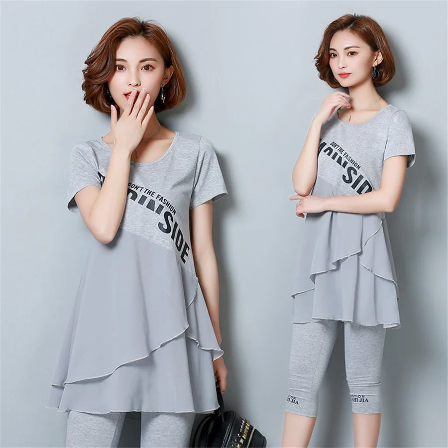 

Women's Loose Outfits Two-piece Summer Casual letter Printed Short Sleeve Top + Trousers Tracksuit Set Sports Suit 5XL