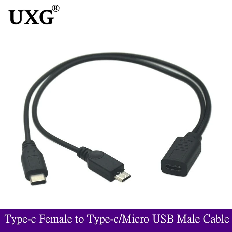 USB 3.1 Type-C 1 to 2 Type-C Female & Micro USB 5P & Type-B Printer Female to 2 Male Y Splitter Charging Extension Cable 30CM