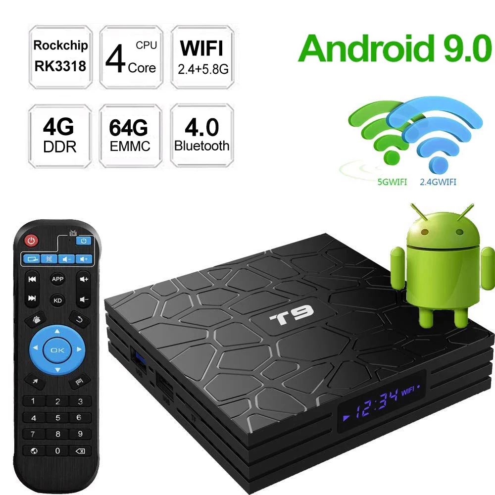 Smart T9 Android 9.0 TV, pudełko RK3318 czterordzeniowy 4GB RAM 64GB ROM 2.4G/5G podwójny WIFI USB 3.0 4K Bluetooth 4.0 2GB 16GB dekoder