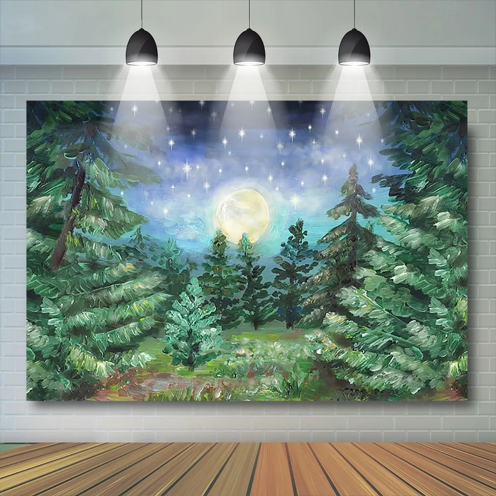 Fondo de fotografía de árbol de Navidad decorativo de noche oscura de luna grande de bosque fondo de fotografía de estrellas brillantes estudio fotográfico