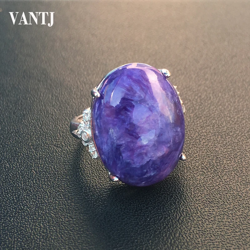 VANTJ Big Stone Natural Charoite Ring 925 Sterling Silver oval15*20mm Women and Lady Wedding Engagment Party Gift Box