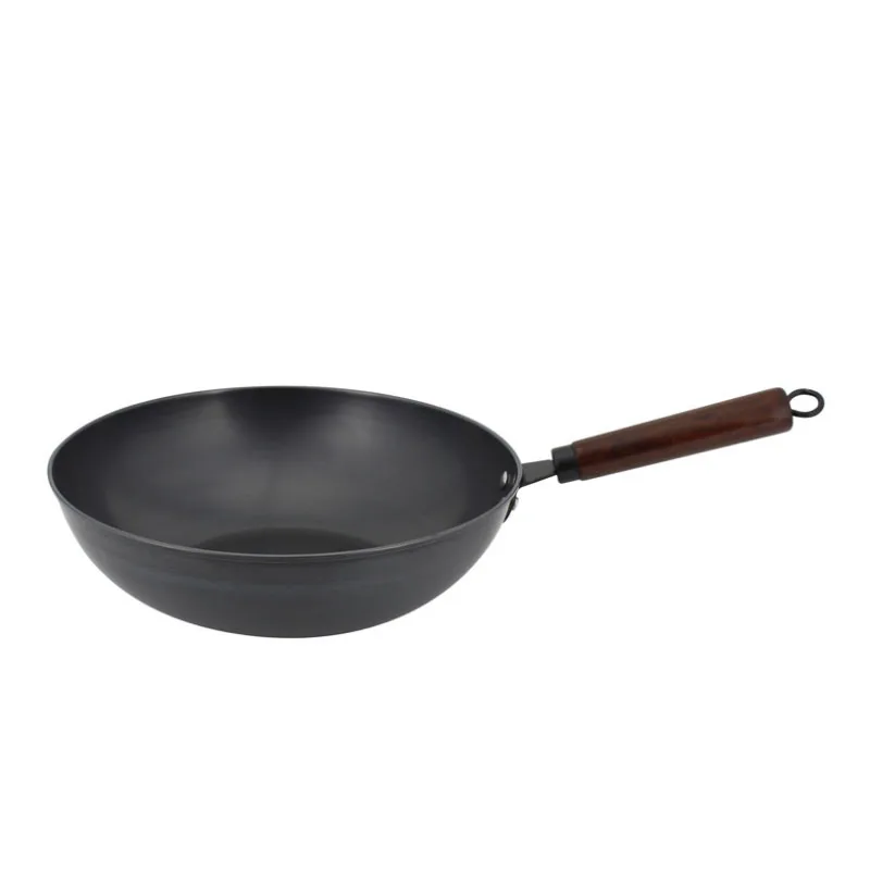 Uncoated Single Handle Wok Eggs Frying Pan with Wooden Handle Fine Iron Wok with Even Heat Conduction Environment Protection Oil