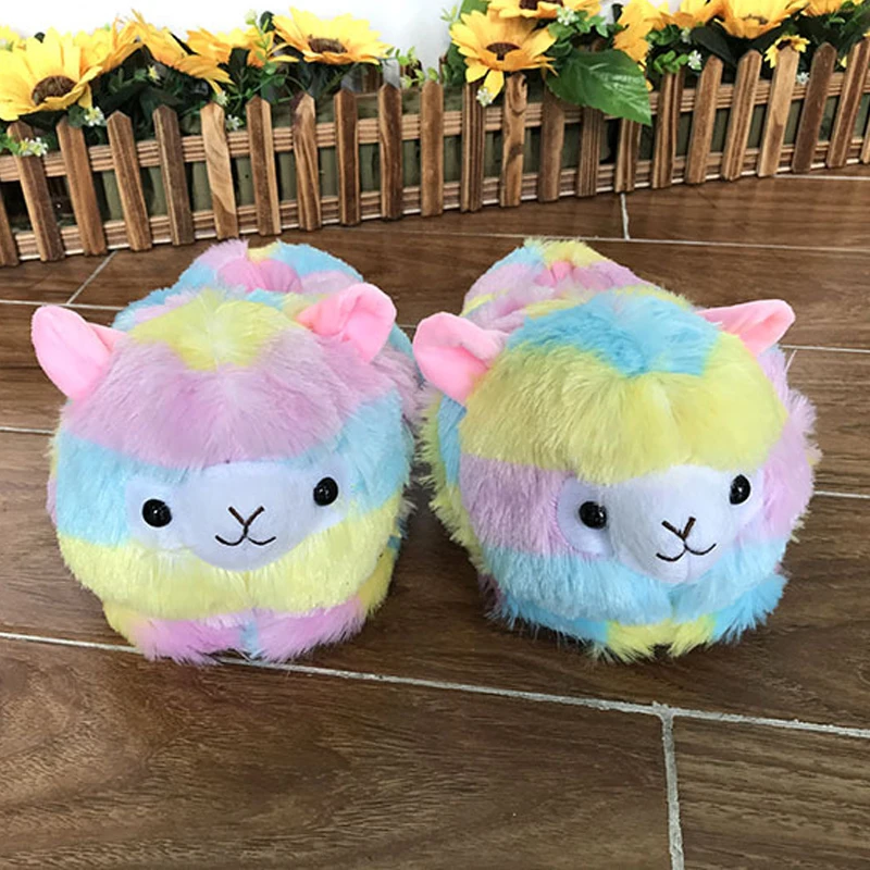 Hot Girl\'s Home Lovely Plush Soft Shoes Women Indoor Warm Colored Cartoon Unicorn Slippers Ladies Funny Furry Comfortable Slides