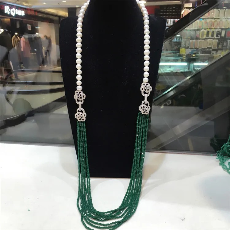 

36" 8 Strands Green Crystal CZ Pave Natural White Pearl Necklace