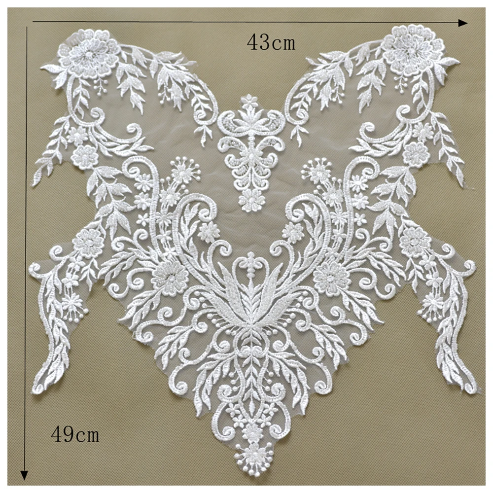 Appliques 1 PCS Cotton Beads Embroidery Lace Patches Wedding Dress Clothing Decoration Sewing 49*43cm L24A18