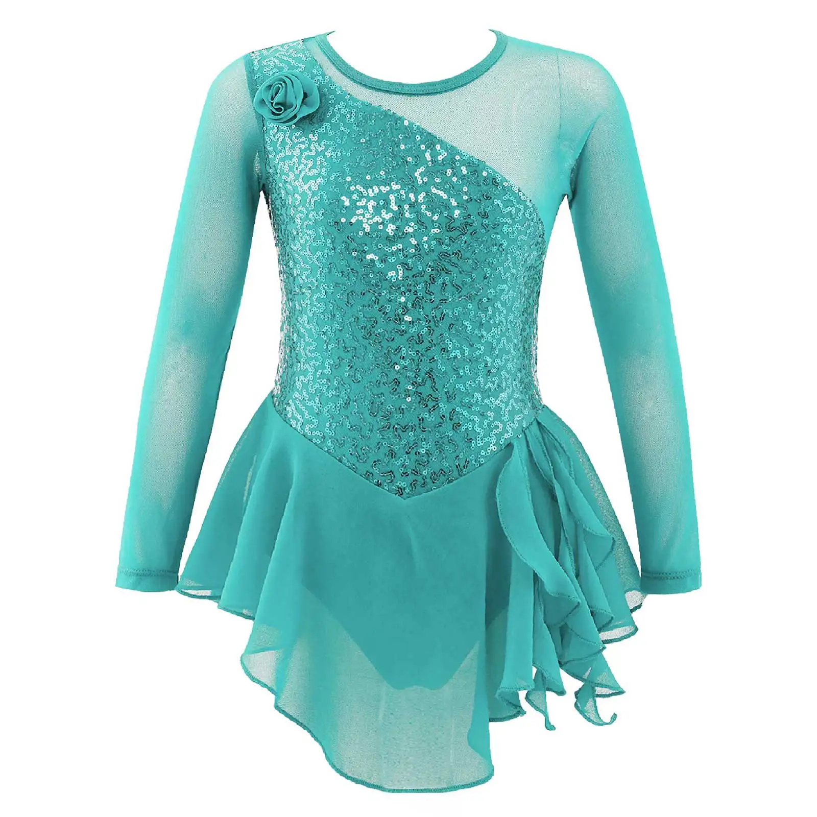 Kids Girls Sequins Ballet Dance Leoatards Figure Ice Skating Dress Long Sleeve Mesh Splice Skirt Tutu Gymnastics Leotard Costume