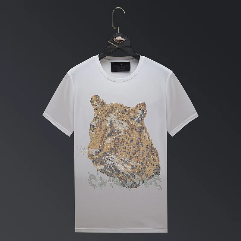 2024 Leopard Rhinestones Men T Shirts Streetwear Fashion Clothing Slim Modal Cotton O Neck Short Sleeve T-shirts Plus Size 6XL